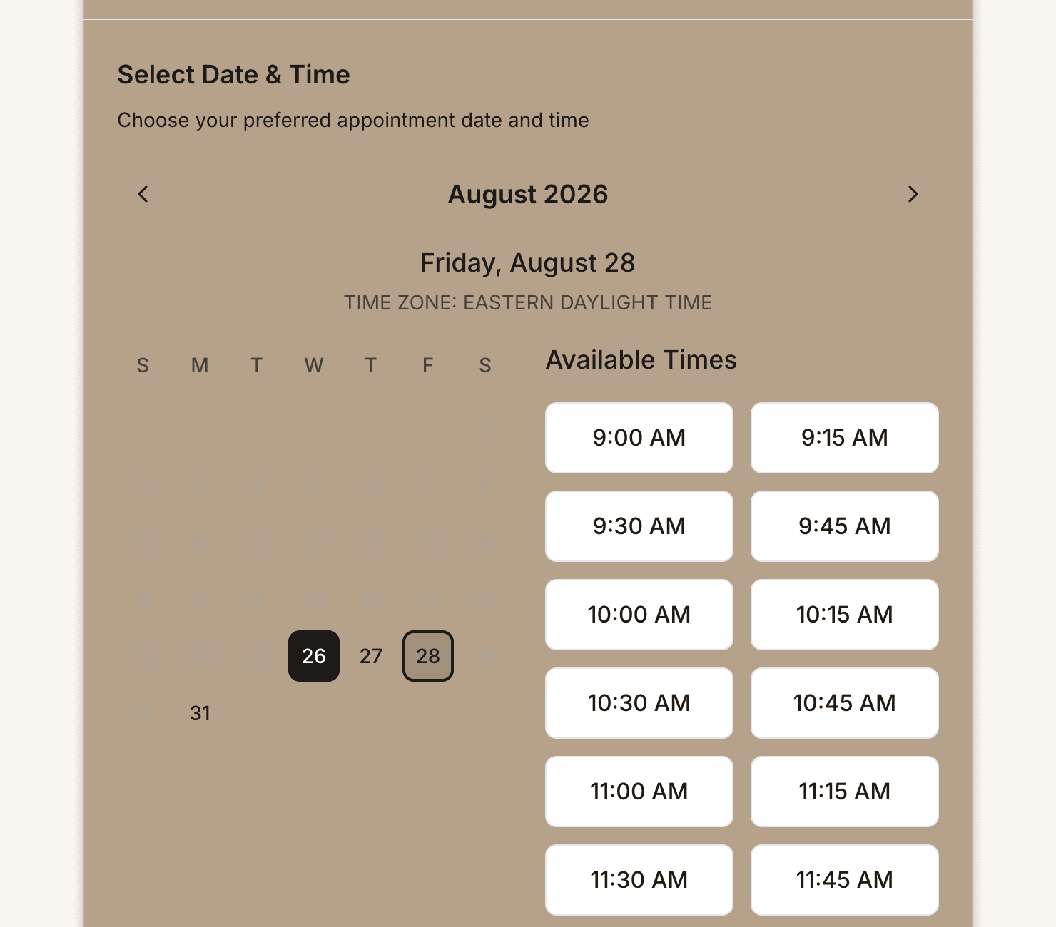 The public booking page with a month calendar beside a list of available appointment times